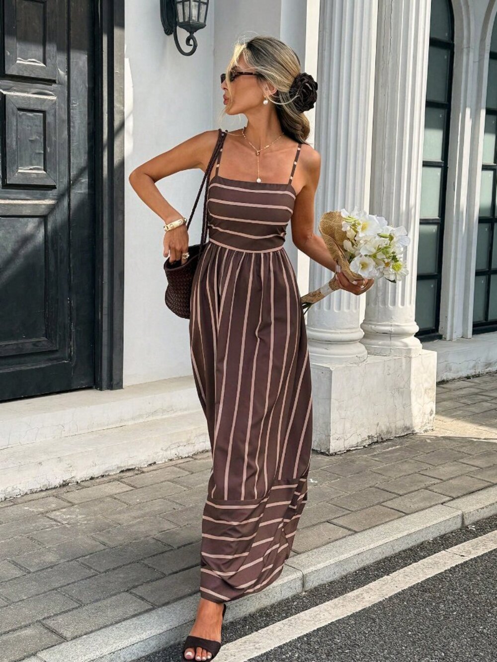 Brown Casual Women's Print Spaghetti Strap High-Waisted A-Line Dress - Picture 5 of 7